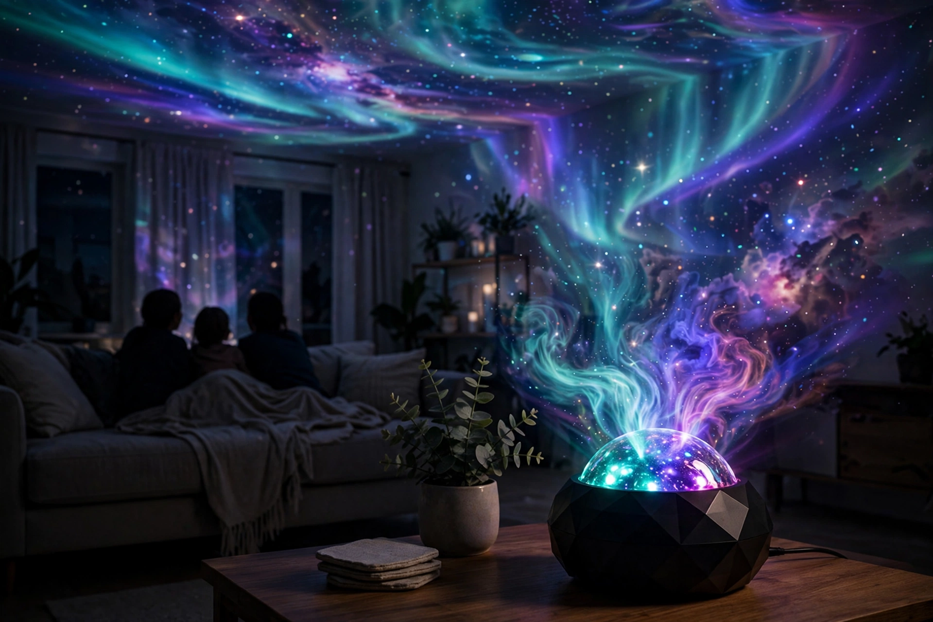 Northern lights projected across a bedroom ceiling